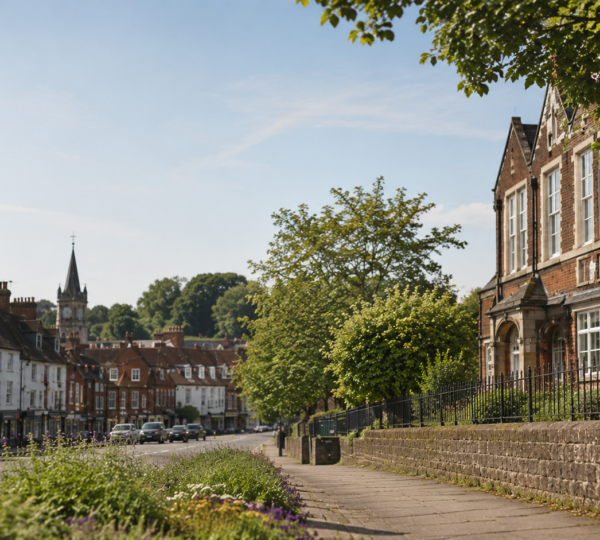 Image of school in Alton, Hampshire with trees in the foreground and church spire above houses in the background